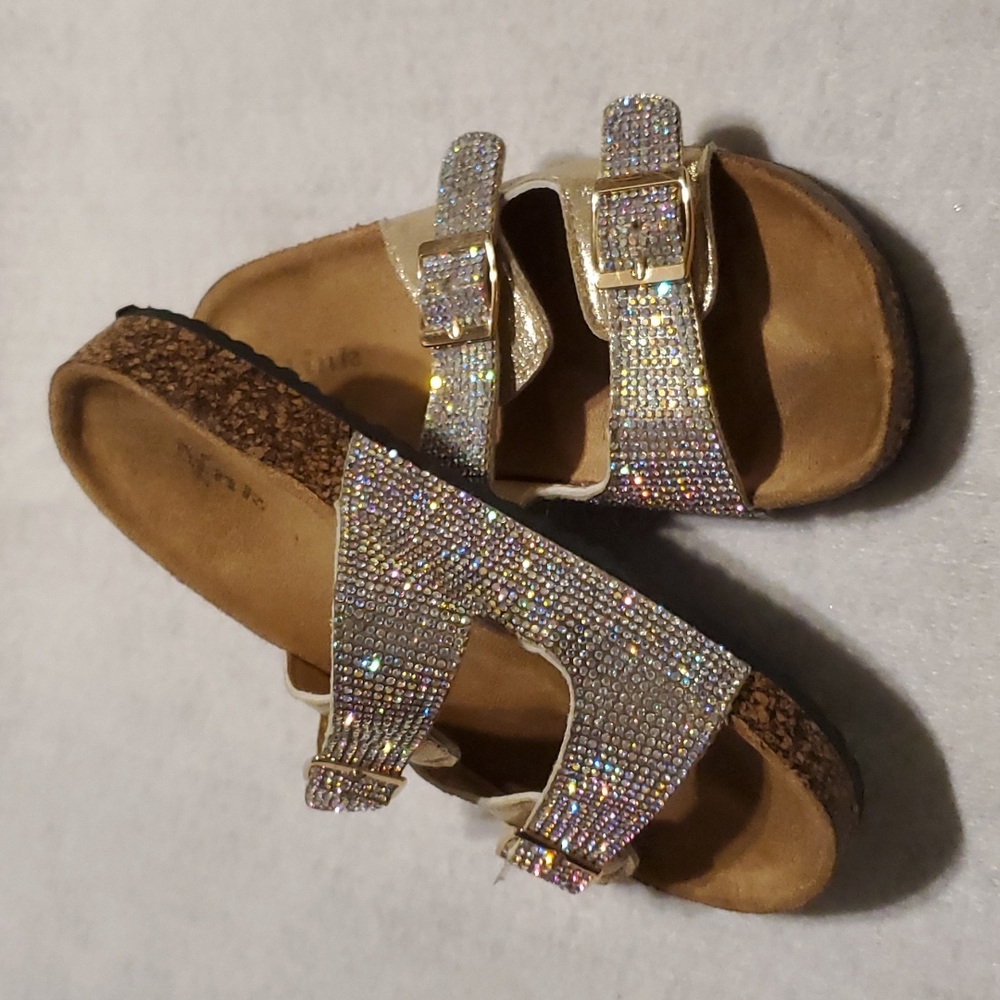 FOREVER LINK Berk-06K Rhinestone Slip-on Cork Base Faux Leather Sandals-Sz 3